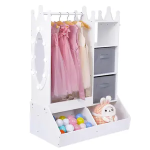 GARVEE Kids Closet with Mirror & Light, Multi-Functional Armoire Dresser Featuring Open Hanging Space, 3 Storage Grids, 2 Toy Bins, and 3 Side Hooks for Bedroom Organization in White