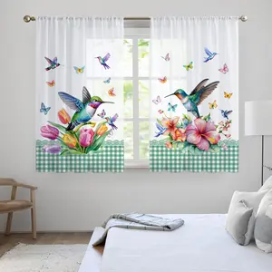 Floral & Hummingbird Pattern Curtain, 2 Counts/set Modern Simple Short Curtain, Home Decoration Curtain, Window Curtain, Window Drapes for Home Living Room Bedroom Kitchen Bathroom, Interior Decoration Accessories