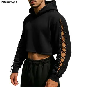 INCERUN Men's Casual Longsleeves Pullover Sweatshirt - Punk Trendy Unisex Lace-Up Side Cutout Cropped Hoodie, Exposed Waist Techwear Drop-Top Bold Clubwear Cutout Men's Pullover for Music Festival