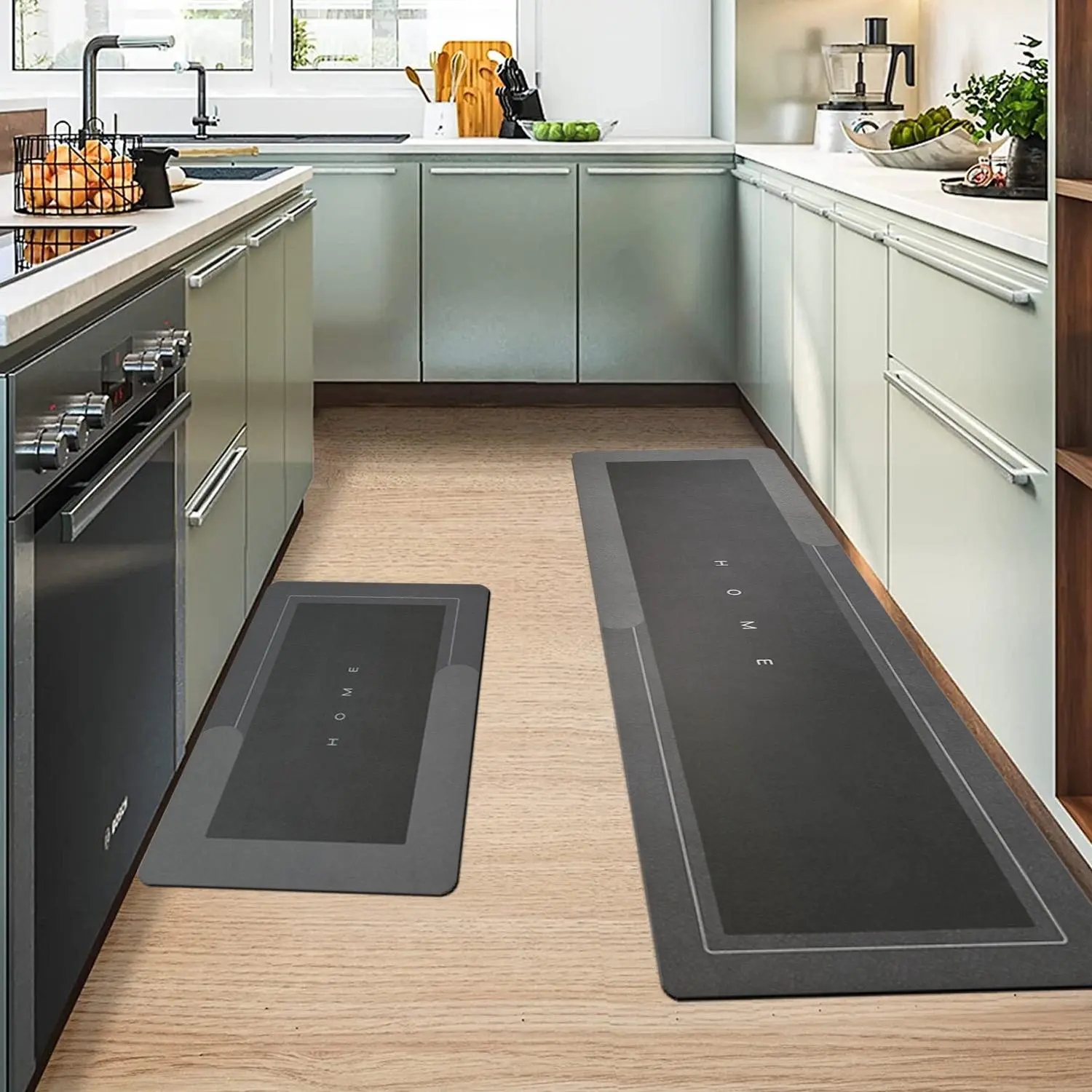 2-Piece Square Modern Non-Woven Kitchen Mat Set, Water-Absorbent, Non-Slip, Machine-Washable, Floor-Protective, Decorative for Residential Use, Two Piece Set
