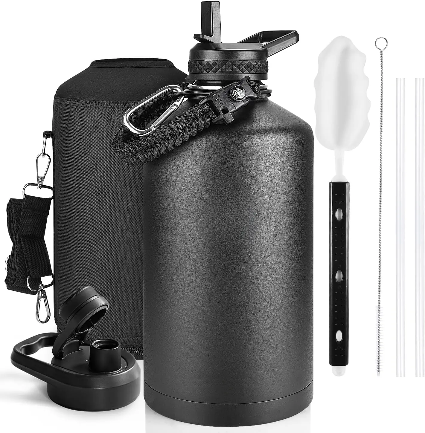 128oz 1 Gallon Insulated Water Bottle with Straw & Spout Lids, Triple-Wall Stainless Steel Leakproof Jug, 48H Cold, Paracord Handle & Carry Pouch