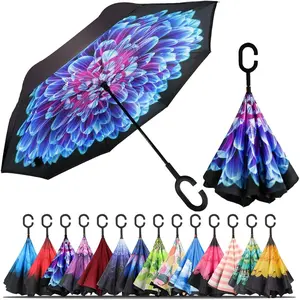 Windproof Inverted Umbrella, Large Reverse  for Rain with C-shaped Handle Big Upside Down Inside Out Umbrella for Women & Men