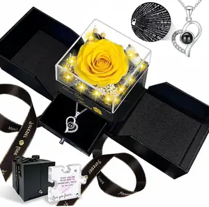 Preserved Real Rose-Eternal Flowers Rose Mothers Day for Mom Women Her Wife Girlfriend on Birthday Valentines with I Love You Necklace 100 Languages Romantic Gift (Yellow)