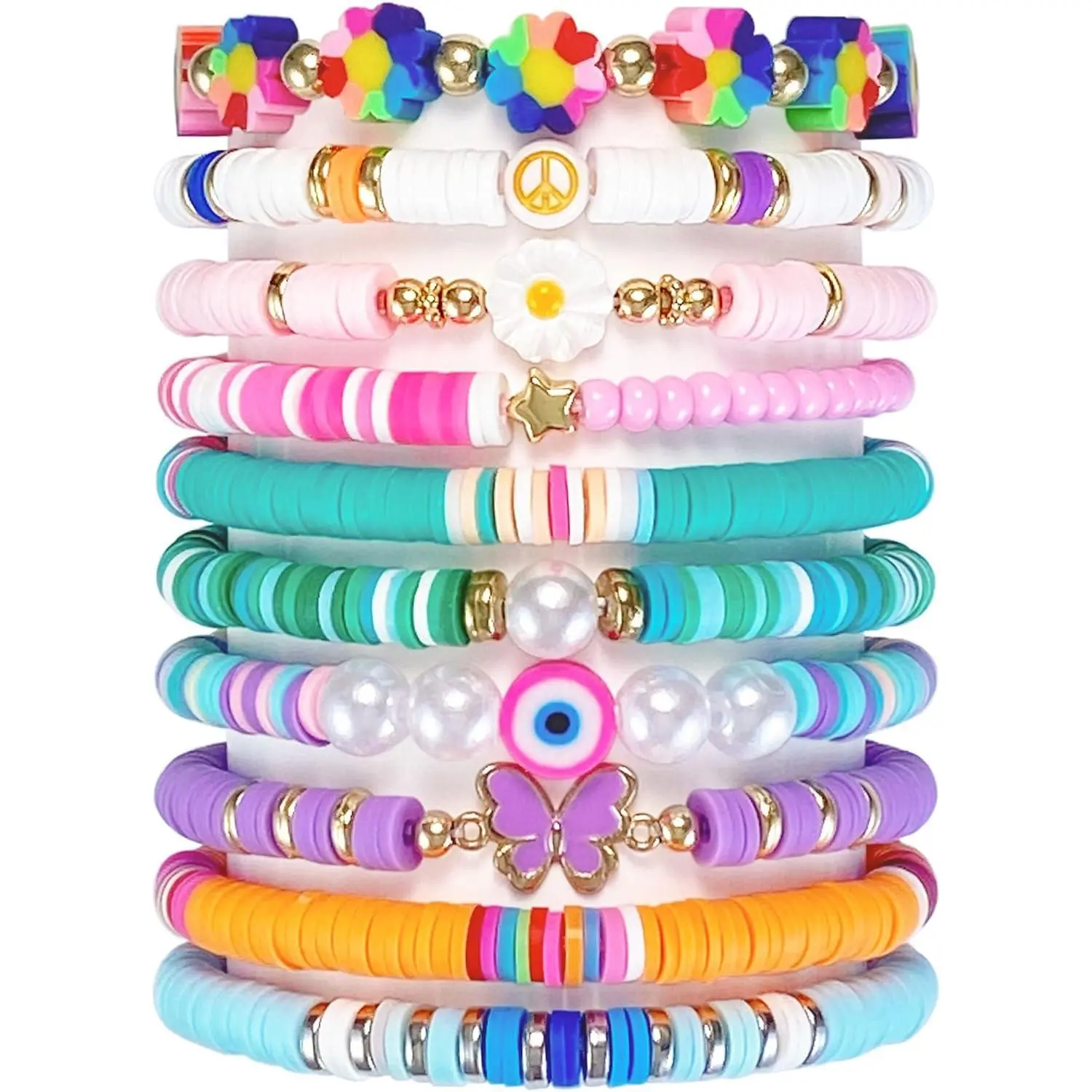 10 PCS Girls Friendship Bracelet Set, Vibrant Handmade Colorful Clay Beads, Lovely Stretchy Jewelry for Birthday Parties, Valentine's Day Gift, Beach Style, Comfortable, 7 - 8 Years, Great Present For Girls, Pretty, Halloween, Birthday Gift Ideas