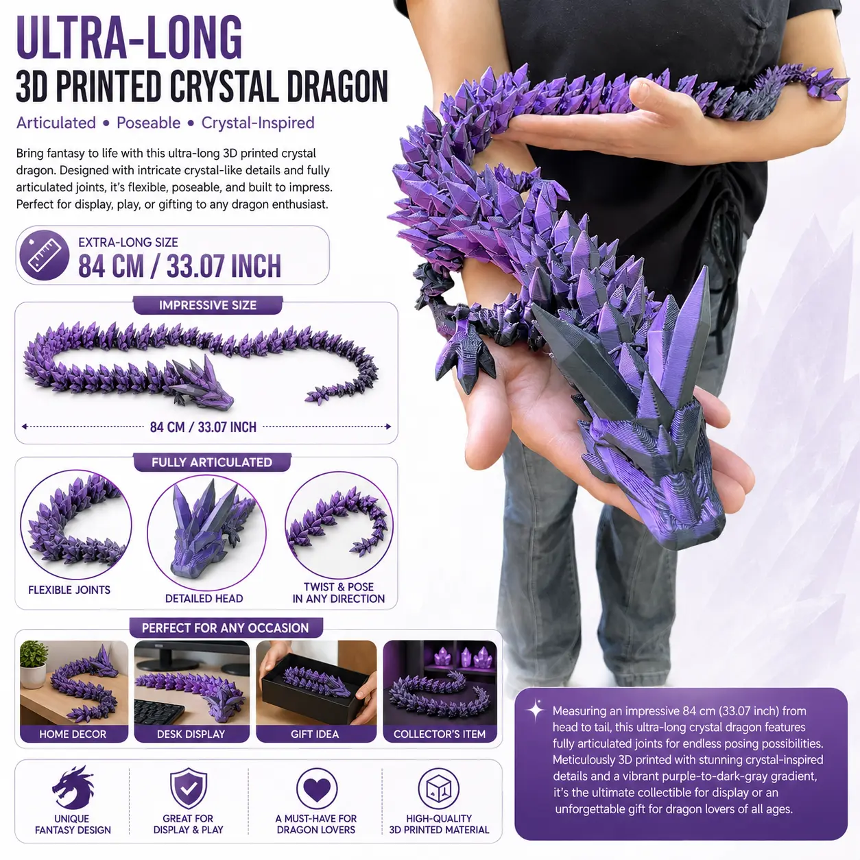 3D-printed 150 cm/84 cm/60 cm ultra-long crystal dragon toy with flexible joints and vibrant colors; suitable for home and office decoration; creative collectible; perfect holiday gift; vibrant 3D-printed dragon toy; exquisite craftsmanship; dragon decor