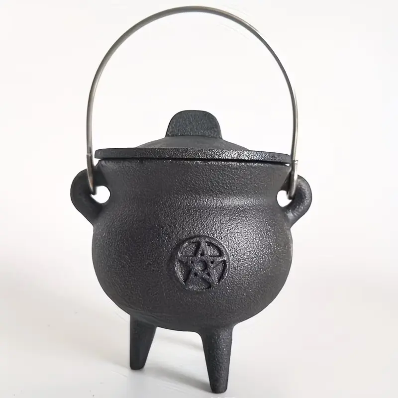 Cast Iron Witchcraft Cauldron with Lid and Carry Handle, Perfect for Spells, Halloween Decor, Incense Burning, Classic Practical Supplies, Scent, Fragrance, Aroma, Scented