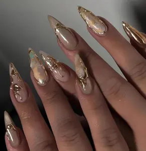 Milky White Gold Flower Nails, Luxury Press On Nails, Hand Made Elegant Gold Press Ons, Acrylic Nails, Wedding Nails, Bridal Press On Nails