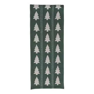 Storied Home Slub Table Runner with Tree Pattern, Embroidery and Stitching, Green and Natural