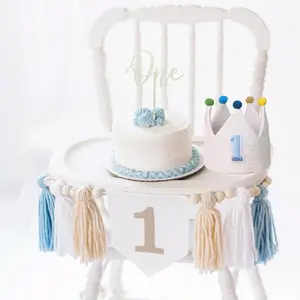 First Birthday Party Decorations Blue High Chair Banner Crown Cake Topper First Birthday Party Decorations