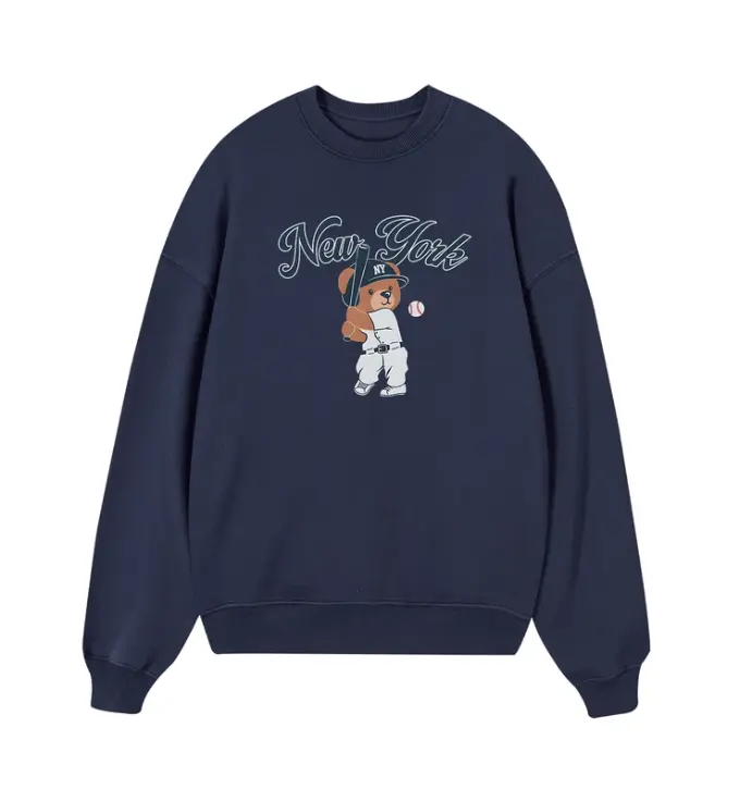 Cute New York Baseball Teddy Bear Graphic Crewneck Sweatshirt | Vintage Navy Blue Heavy Blend Fleece Pullover Sweater for Men Women | Aesthetic Y2K Preppy Streetwear Fall Winter Top