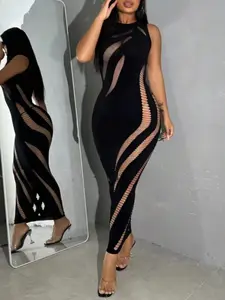 Sexy slim fit Spring New Women's Sleeveless Perspective Hollow Sexy Spicy Girl Fashion Bag Hip Dress for Women bodycon dress elegant dresses women Black Striped