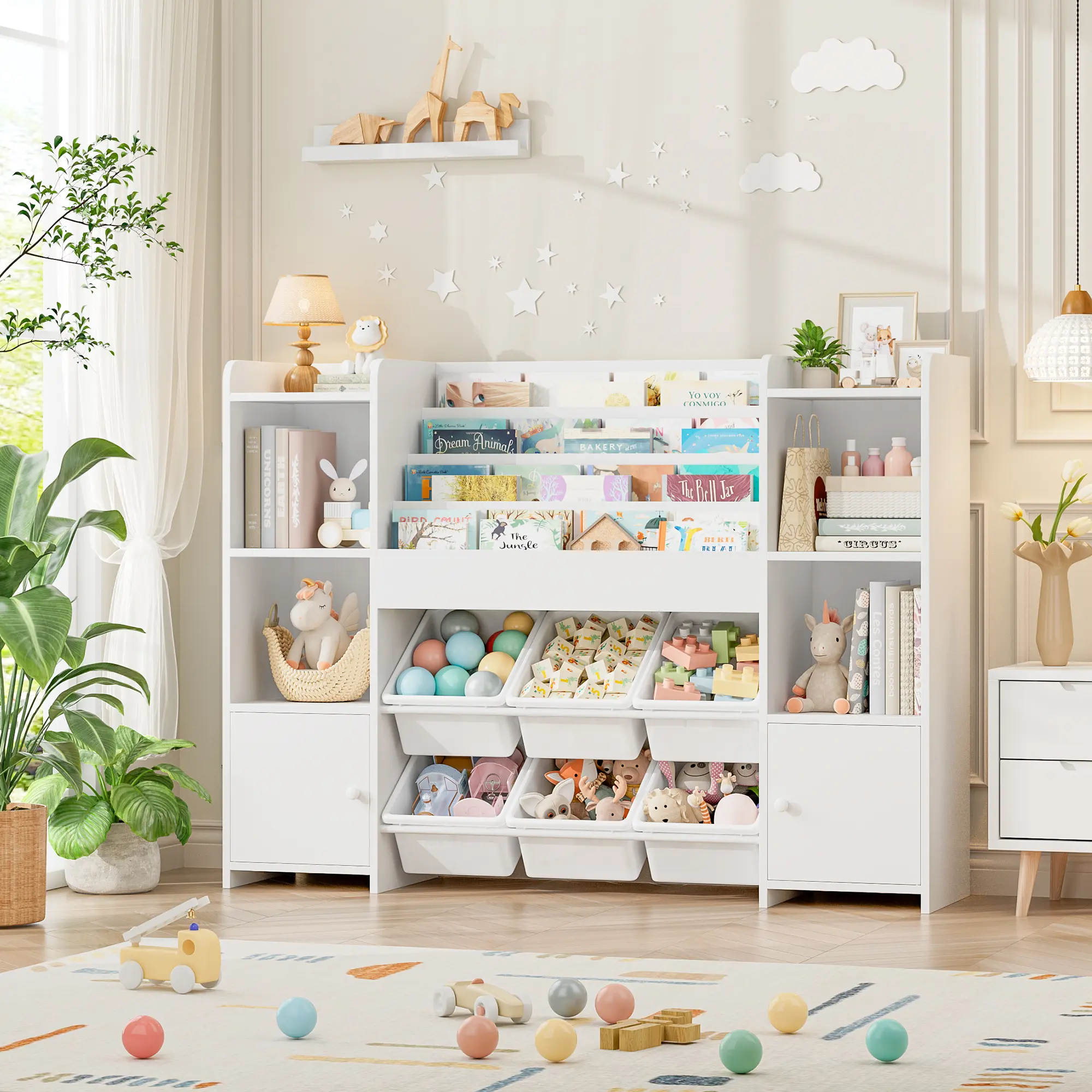 FOTOSOK Toy Storage Organizer with 6 Toy Bins, Toy Organizer Kids Bookshelf with 6 Cubbies, Multifunctional Floor Storage Chest for Playroom
