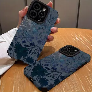 Blue Daisy Leaf Elegant Gradient Vintage Pattern Suitable for TPU Case for iPhone 17 Promax/16/15/14/13/12/11 Durable Anti-Drop Vertical Stripe, TPU+Synthetic Faux Leather Protective Cover High Aesthetic
