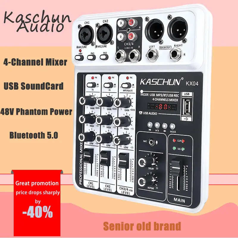 Kaschun Audio KX04 Compact Portable 4-Channel Mixer - Wireless Bluetooth 5.0, Adjustable USB Type A Sound Card, 48V Phantom Power for Live Streaming & Recording, Smartphone-Compatible