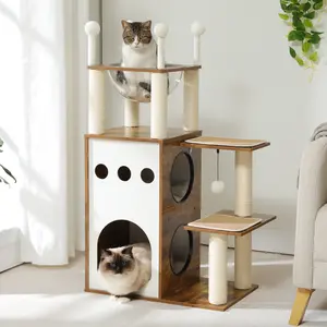 Wooden Cat Tower with 2 Tier Condo with Cat Furniture with Scratching Post, Capsule Litter and Hanging Ball for Indoor Cats