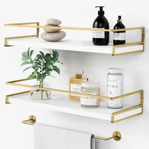 Floating Bathroom Shelves Wall Mounted, Aesthetic White and Gold Shelves for Bathroom Accessories, Modern Bathroom Organizer with Tower Bar for Wall Decor Storage Small Spaces, Set of 2