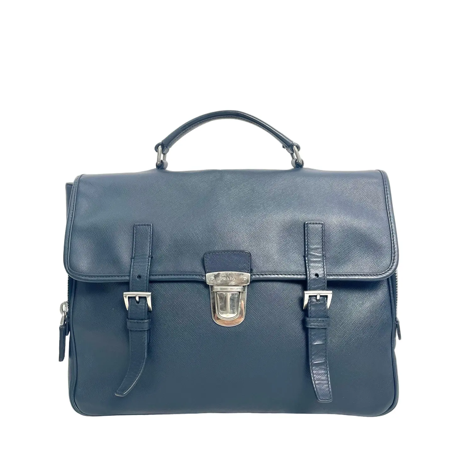 Pre-owned leather hand bag Prada Men's Saffiano Crosshatch Texture Navy Blue Document Case Leather, Silver Accents, Business Use, Expandable Accordion Structure, Integrated Top Handle, Integrated Top Handle, Attaché