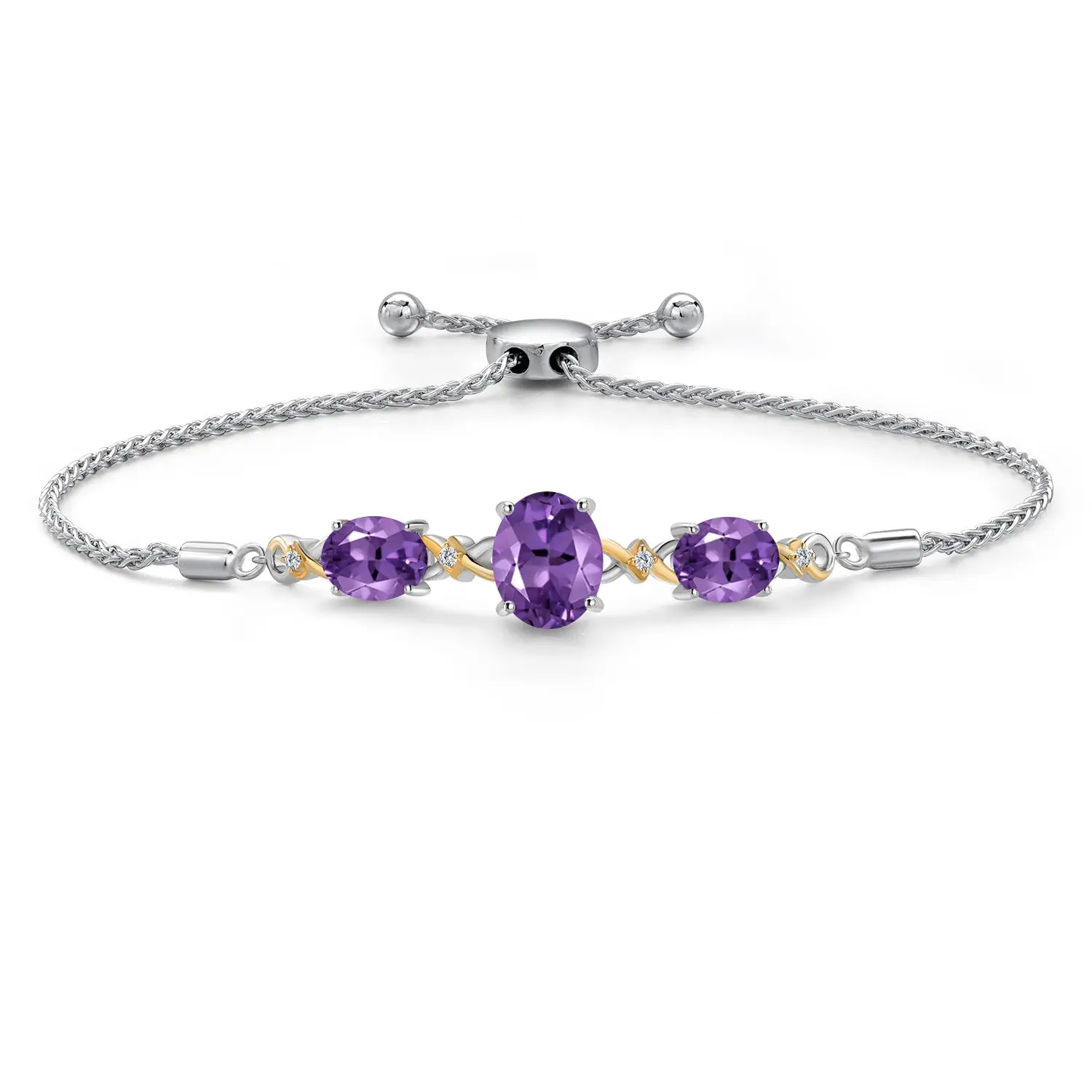 3-Stone Infinity Bracelet for Women | 925 Silver 10K Yellow Gold | Oval Gemstone Birthstone & Lab Grown Diamond | 10X8MM 8X6MM | Adjustable Bolo 9 Inch