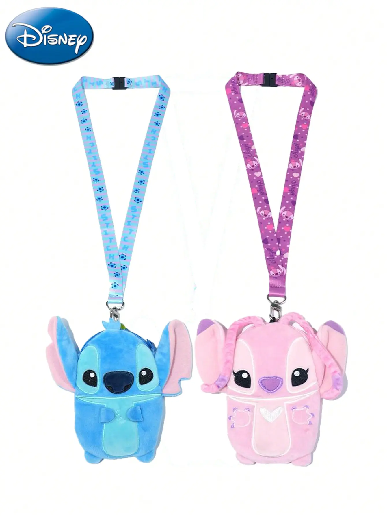 1PC Disney Officially Licensed Stitch and Angel Card Bag Cute Cartoon Card Holder with Zip Lanyard Keychain Soft Plush Hand Feel Coin Purse Card Holder for Family Teacher and Friend Funny Birthday Christmas Day Gifts