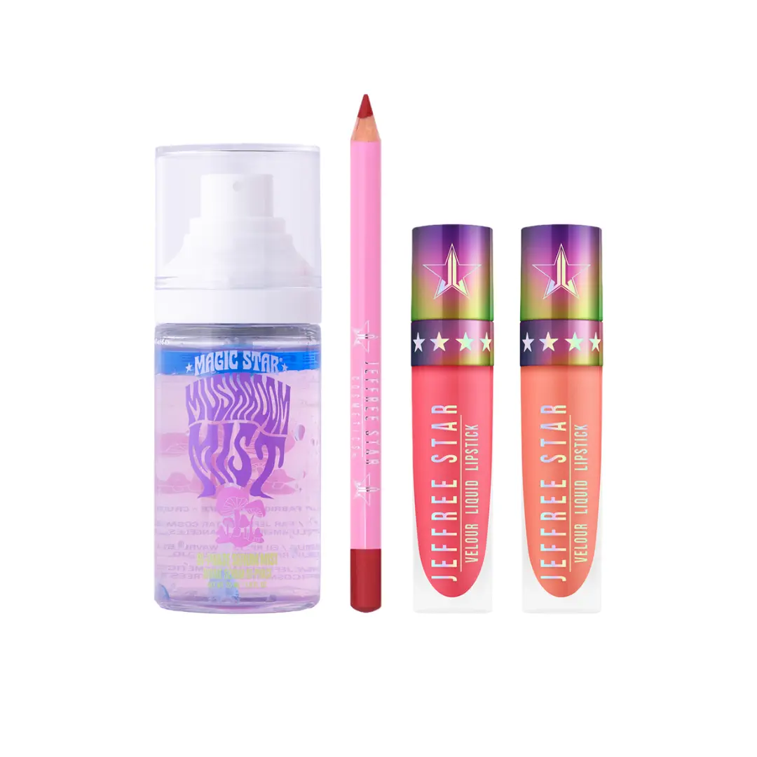 Glow Trip & Bold Lips 4pc Bundle - Magic Star Mushroom Mist, Velour Lip Liner 'Hot Hot Sauce', Velour Liquid Lipstick 'Circus Peanut' & 'Clown Blood'