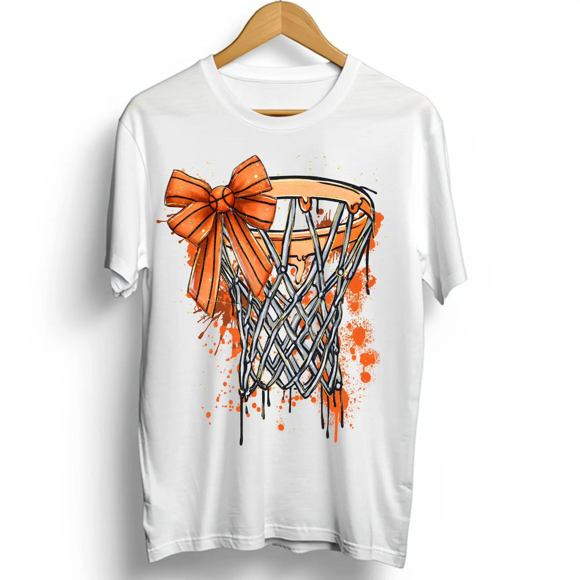 Basketball-Themed Dripping Net Bow Print Transfer, Ready-to-Press DTF Direct-to-Film Print for T-Shirts, Specialty DIY Supply