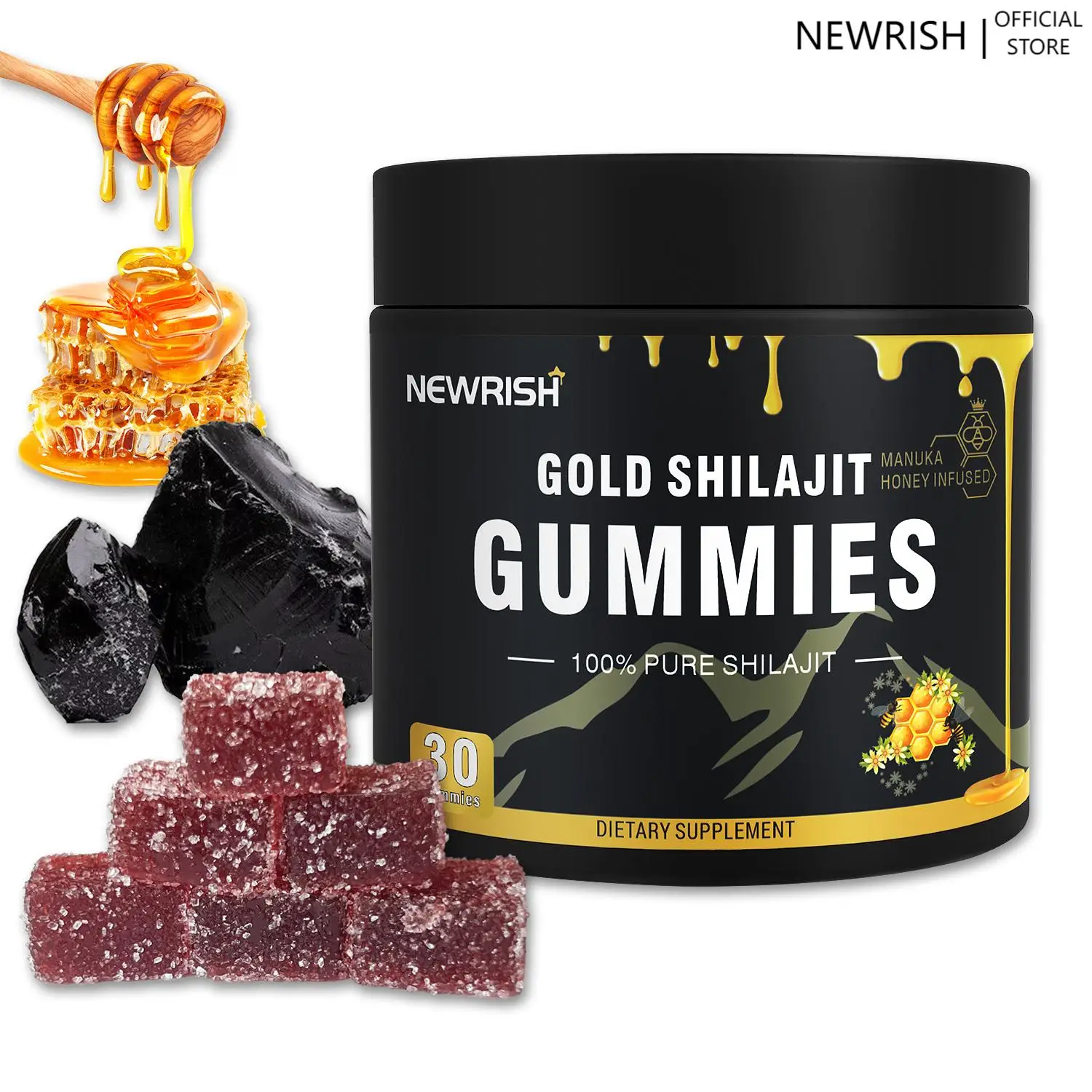 Newrish Gold Shilajit Gummies - 100% Natural & Organic - 30 Gummies with Manuka Honey Fulvic Acid & 85+ Trace Minerals for Enhanced Athletic Performan