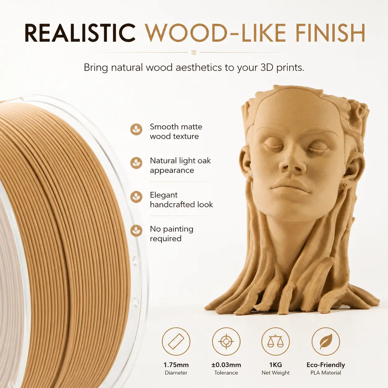RITTSUN Wood PLA Filament 1.75mm, Tan Birch Wood Fiber 3D Printer Filament, Real Wood Flour Added, Dimensional Accuracy +/- 0.03mm, 1KG Spool (2.2lbs), Fits Most FDM 3D Printers（PLA Wood-1KG）