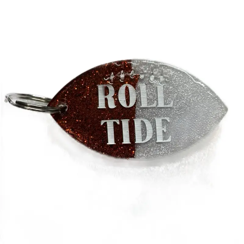 Alabama Roll Tide Football Keychain - Red & Silver Glitter Design with "ROLL TIDE" Text