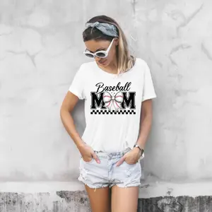 Custom Durable Baseball Mom Checked Pattern Bow DTF Print - Choose Regular or Retro Style Direct-to-Film Print for T-Shirts, Printmaking Embossing DIY Supplies