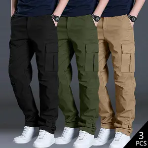3-pack – Men’s casual cargo pants with elastic drawstring waist, multiple pockets; outdoor sports pants; versatile long pants for all seasons; machine washable; suitable for everyday wear and outdoor activities.