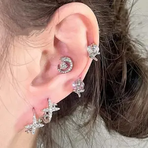 2025 New Crystal Heart Ear Bone Nail for Women Girls Sweet Cool Silver Color Snake Cochlear Nail Earrings  Jewelry Gifts