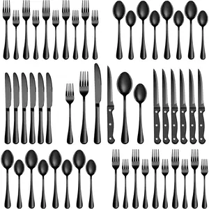 Black Silverware Set 24 Count Stainless Steel Flatware with Steak, Kitchen Tableware Set for  & Restaurant, Dishwasher Safe, Metal