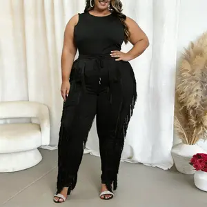 Kafiloe Women Plus Size  2 piece sets Elegant Birthday Fringe Tassel Long Pants Set Sleeveless Tank Tops Clubwear Black Fashion Spandex Polyester Lightweight Comfortable Style Suits  Formal Casual Womenswear
