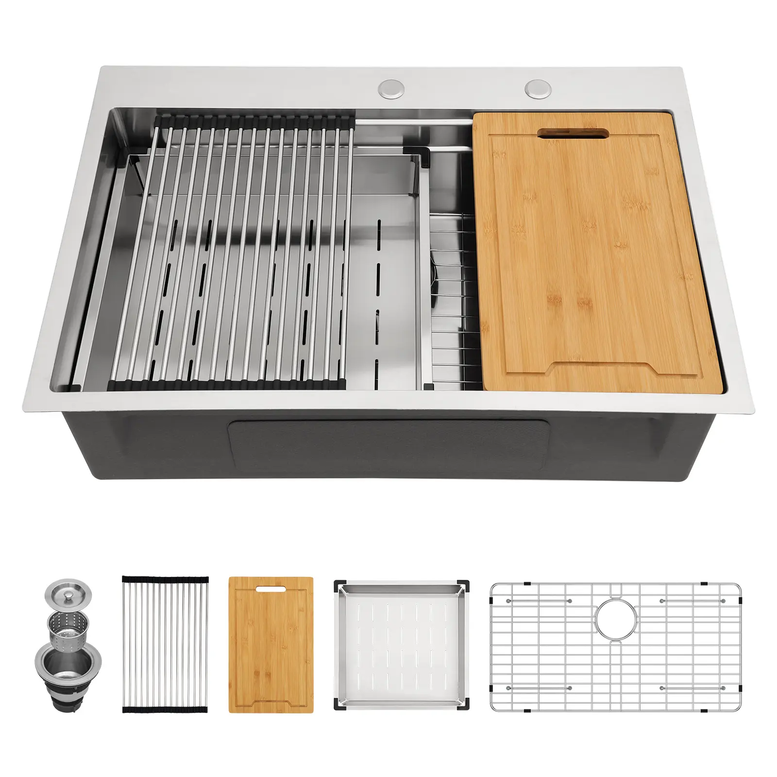 Sarlai 33 x 22 Inch Drop In Workstation Kitchen Sink Single Bowl Dual-Tier Ledge Topmount Kitchen Sink 16 Gauge Stainless Steel Kitchen Sink