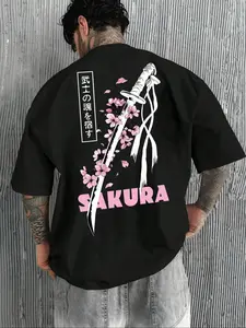 Men's Japanese Cherry Blossom Print Graphic T-Shirt, Summer Loose Casual Fashion Short Sleeve Round Neck Tee, Suitable for Sports & Daily Wear, Relaxed Fit, Knit