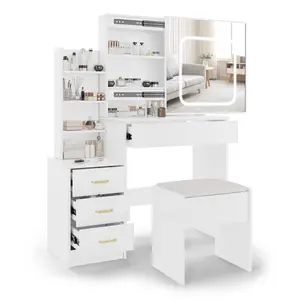 Vanity Desk with Sliding Mirror and Lights – 3 Color Adjustable Lighting Modes, Power Outlet, 4 Drawers, Open Shelves & Stool, Makeup Dressing Table