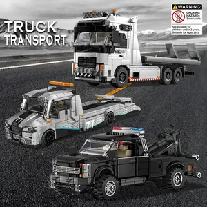 Transport Truck Building Set, Tow Car + Flatbed Trailer + Roadside Assistance Vehicle, DIY Assembly Toy Simulation Rescue Scene, Building Blocks Model