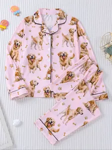 Children Golden Retriever Print Pajama Set, Cute Dog Claw Bone Pattern, Fireproof Casual Comfortable Button Design, Long Sleeve, Print Sleepwear