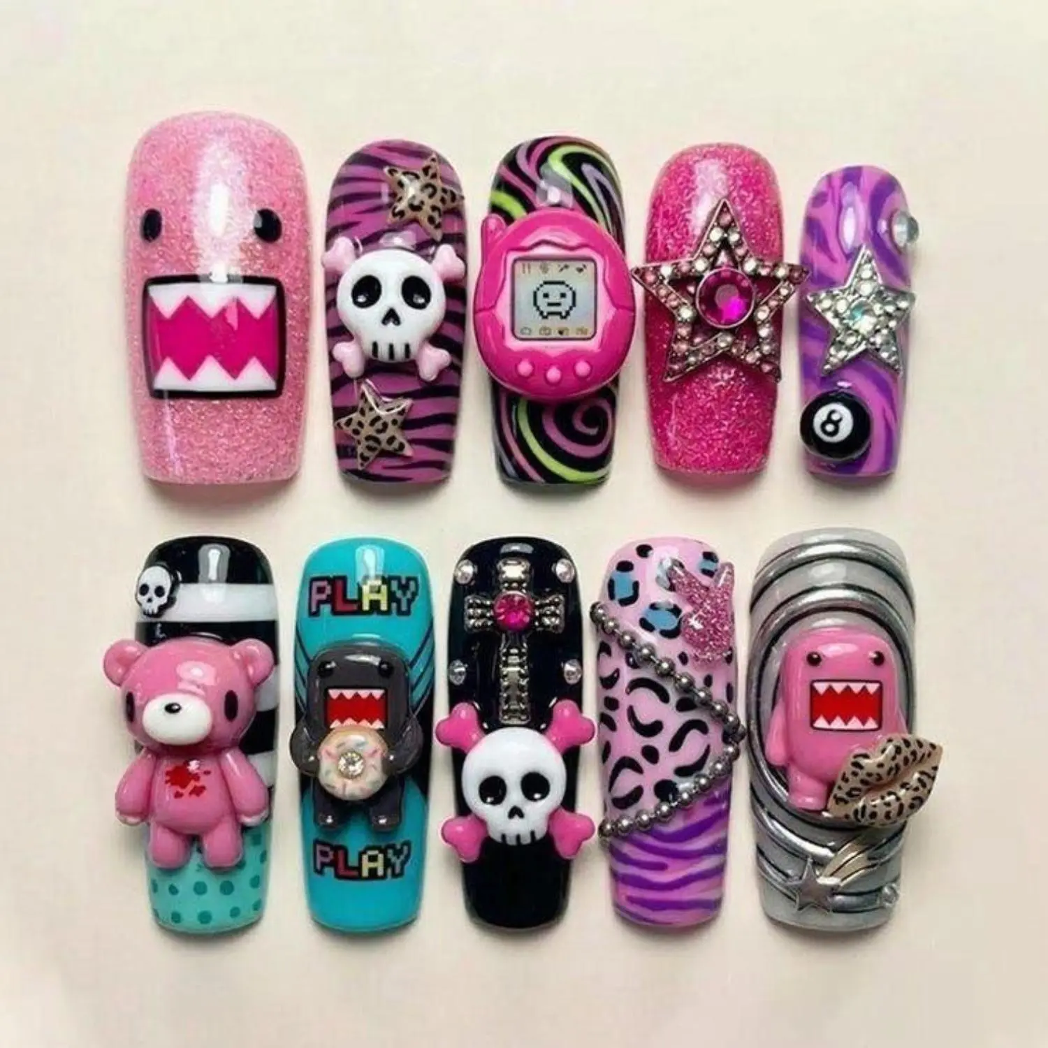Y2K Gamer Monster Press-On Nails, Pink Skull & Arcade Charm Design, Zebra Swirl Pattern Art, Glitter Star Accent Press Ons, Retro Pop Punk Nails