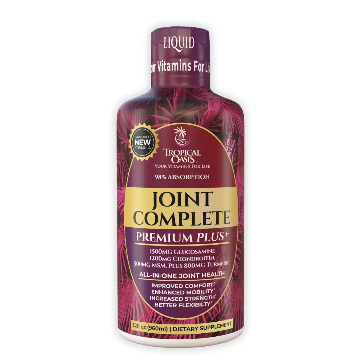 Joint Complete Premium by Tropical Oasis - Liquid Joint Supplement with Liquid Glucosamine Sulfate, Chondroitin, MSM & Hyaluronic Acid - 96% Max Absorption– 32oz Healthcare Fitness