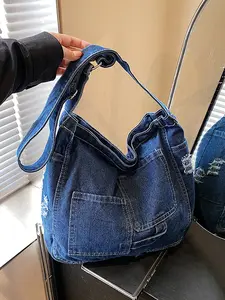 Fashionable Denim Design Handbag, Large Capacity Shoulder Bag with Unique Design, Casual Commuting Travel Underarm Bag for Women, Denim Shoulder Purse, Casual Commuter Bag, Denim Shoulder Satchel