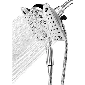 2-IN-1 High Pressure Handheld Rain Shower Head, Detachable 9 Sprays Fixed Showerhead with 59" Rotatable Stainless Steel Hose (Brushed Chrome)