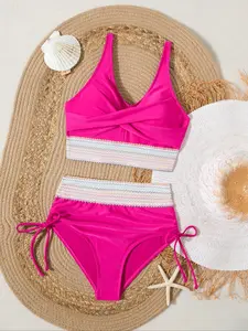 Women's Solid Color Bikini Set, Bikini Outfits, Casual Fashion Chic Swimsuit Set for Beach Holiday Vacation, Ladies Swimwear for All Seasons, Bikinis Sets, Beach Bathing Suit