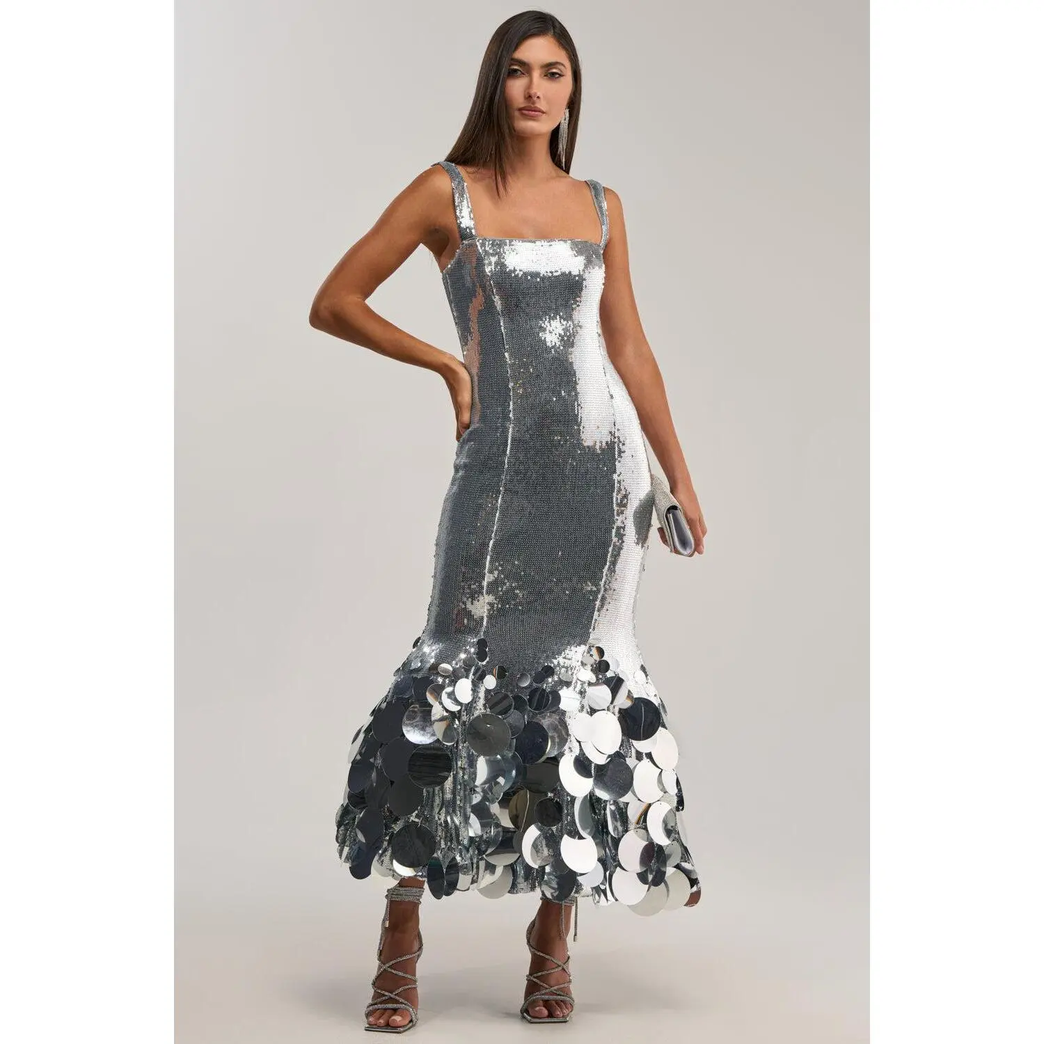 LIFE OF THE PARTY SEQUIN MIDI DRESS IN SILVER LIFE OF THE PARTY SEQUIN MIDI DRESS IN SILVER