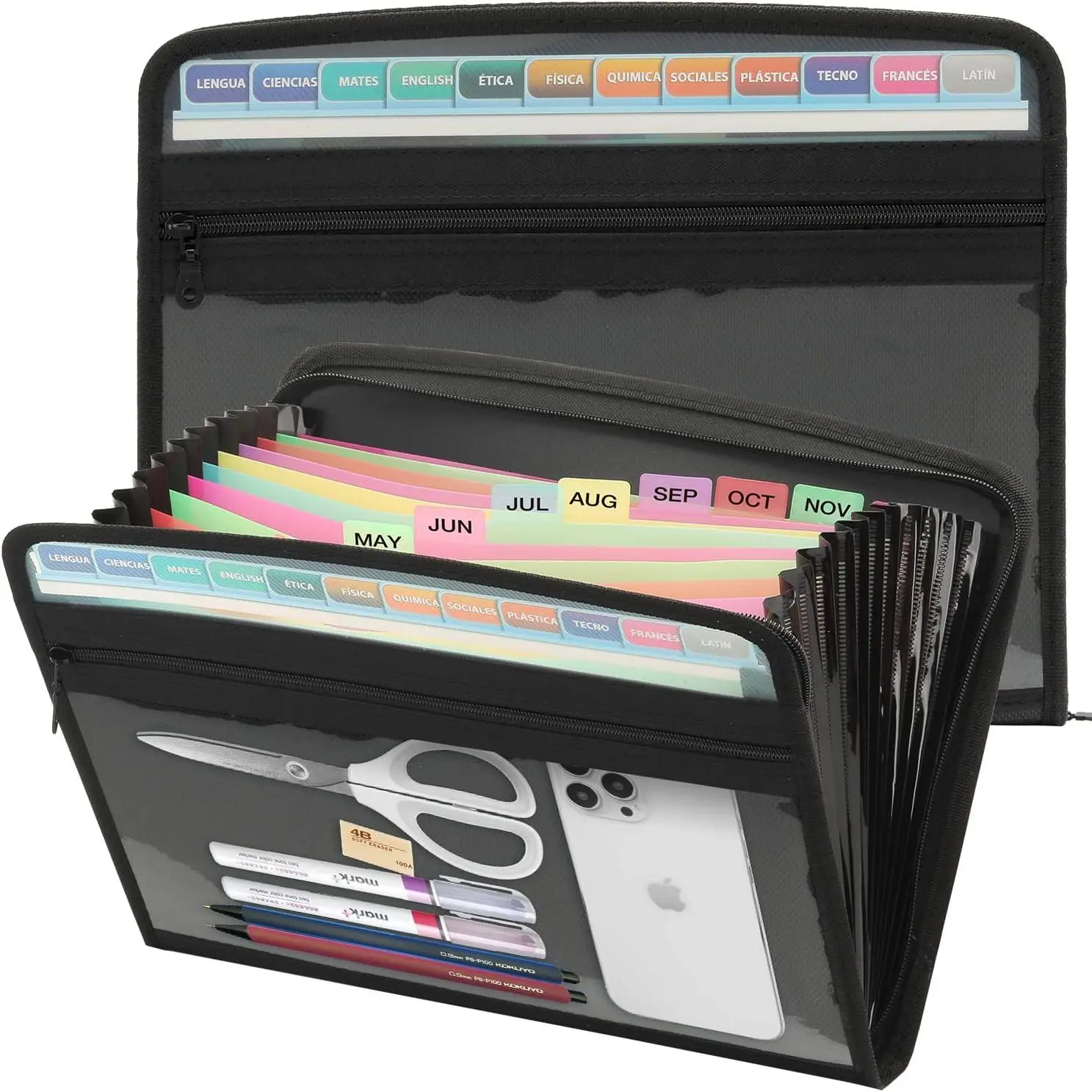 13 Pocket Expanding File Folder, Zippered Accordion File Organizer with Front Clear Pounch, Expandable Filing Folders for Documents, Papers Letter Size, Black