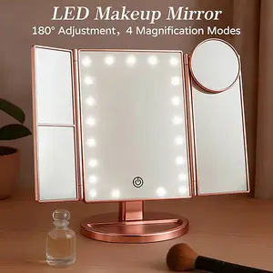 Hoodink Makeup Mirror Vanity Mirror with Lights, Bathroom Adjustable Brightness Mirrors 1X/2X/3X/10X Magnification and Touch Screen Trifold Makeup Mirror Two Power Supply Modes Women Gift