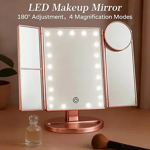 Hoodink Fold-and-Go Trifold Lighted Makeup Vanity Mirror - 21LEDs, 1X Fullface/2X/3X/10X Precision View, Touch Sensor, Adjustable Brightness, 2 Power Modes, Sunscreen Feature, Bedroom Use, Christmas Gifts for Women (Girlfriend), Girlfriend Gifts