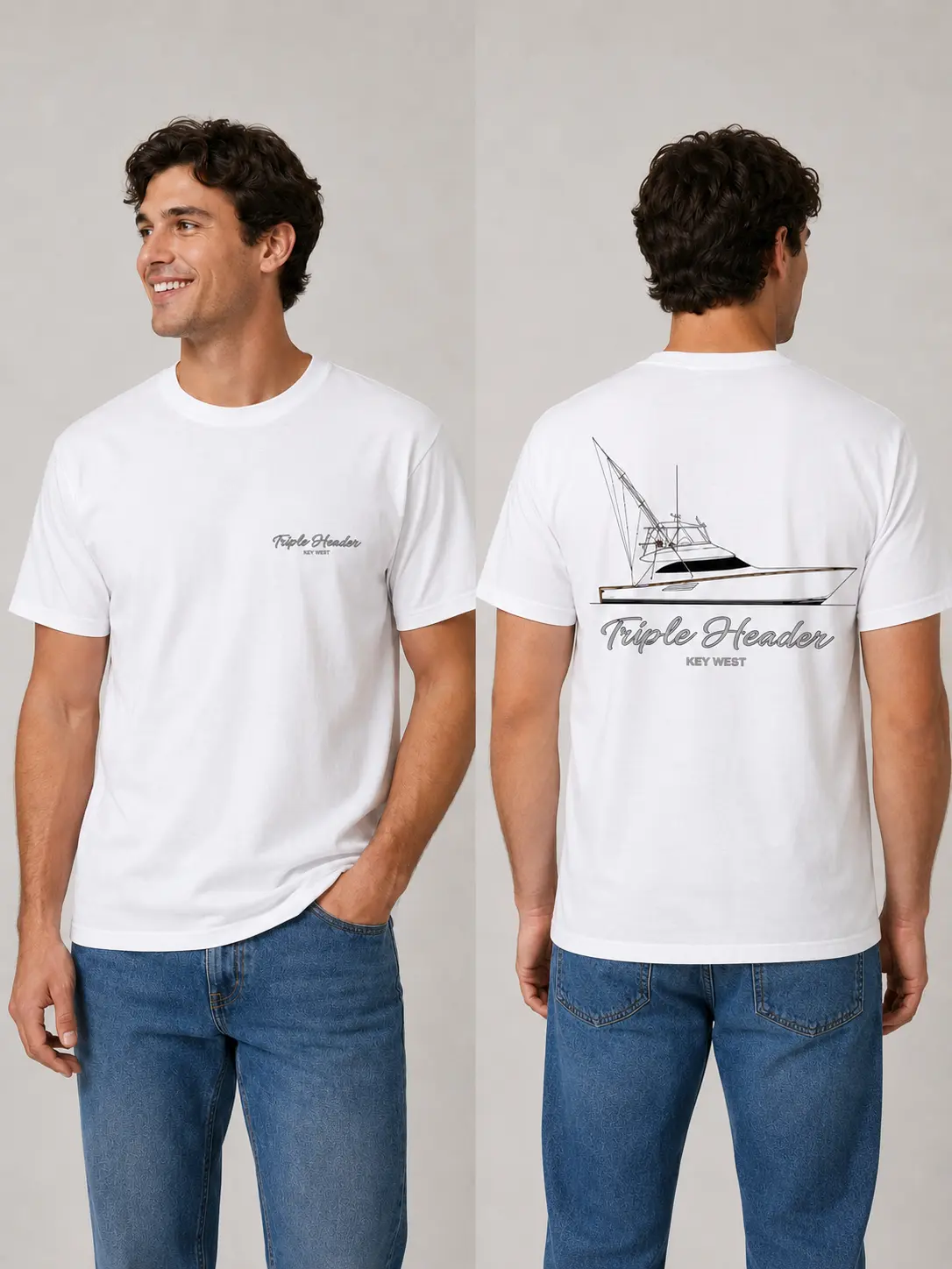 Viking “Triple Header” Men’s T-Shirt – White Boat Graphic Tee, Key West Sportfishing Shirt