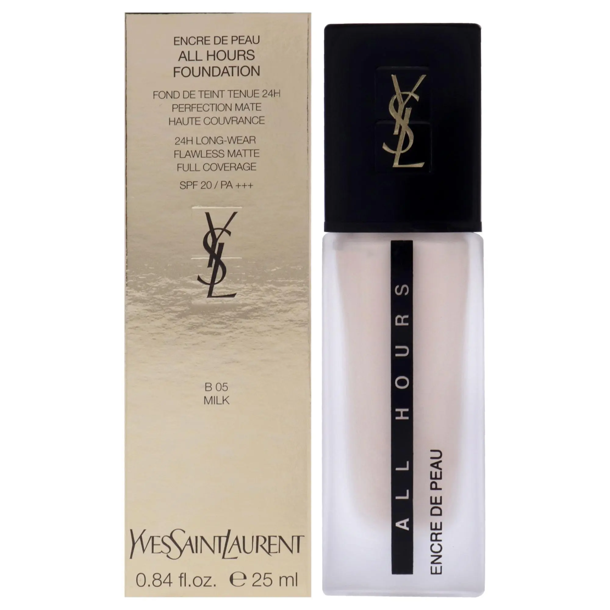 Yves Saint Laurent Women's All Hours Foundation SPF 20 - B05 Milk, Daily Makeup with Sun Protection, Natural Look, 0.84 oz Single Bottle Foundation