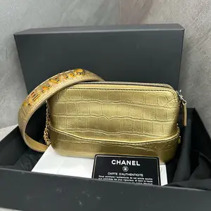 Pre-owned CHANEL SN28 Metallic Calfskin Croco Embossed Small Gabrielle Clutch With Chain Gold